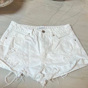 Forever 21 white distressed jean shorts, size 26